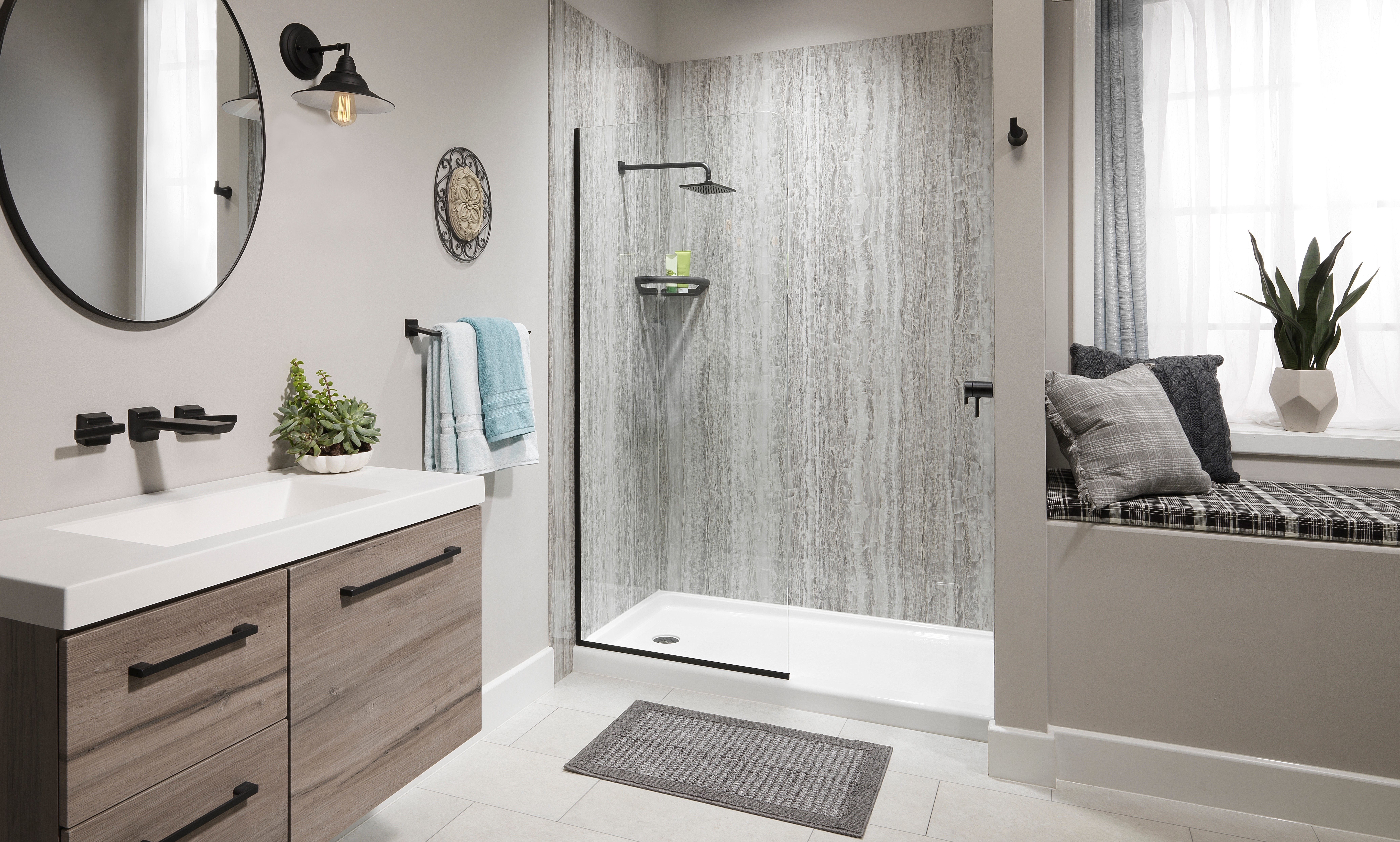 Light gray shower with vertical wood accent panels — modern Texas bathroom