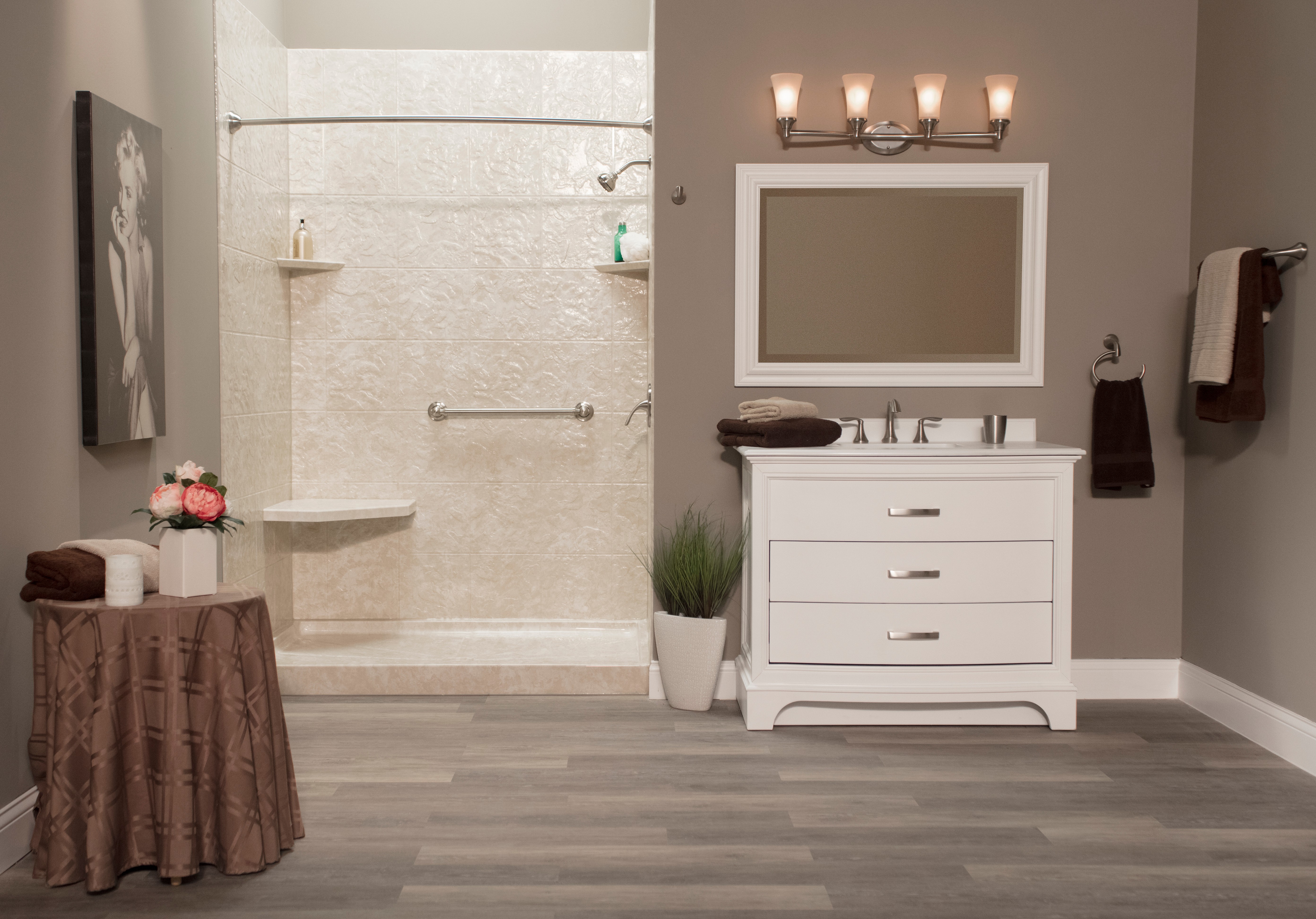 Gray open walk-in shower with beige tile — tub-to-shower conversion
