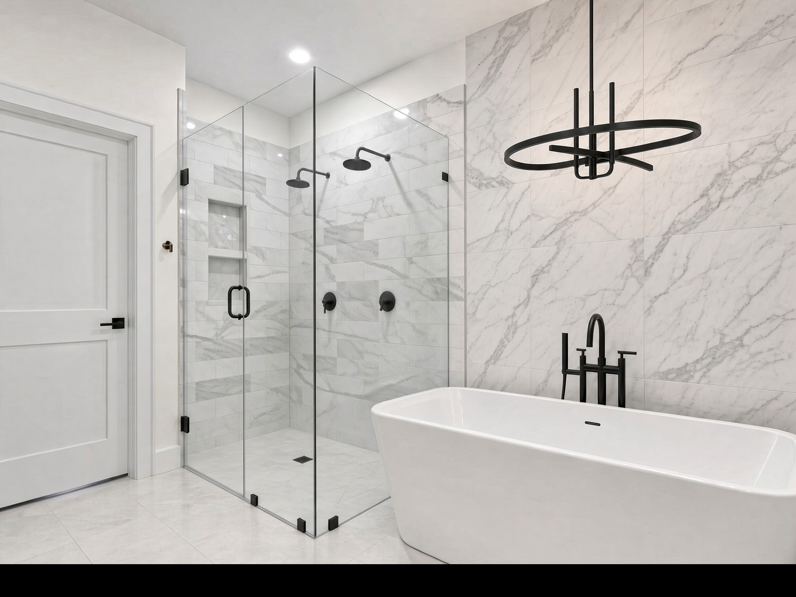 Carrara Marble Master Suite with Freestanding Soaking Tub, Orbital Chandelier & Frameless Glass