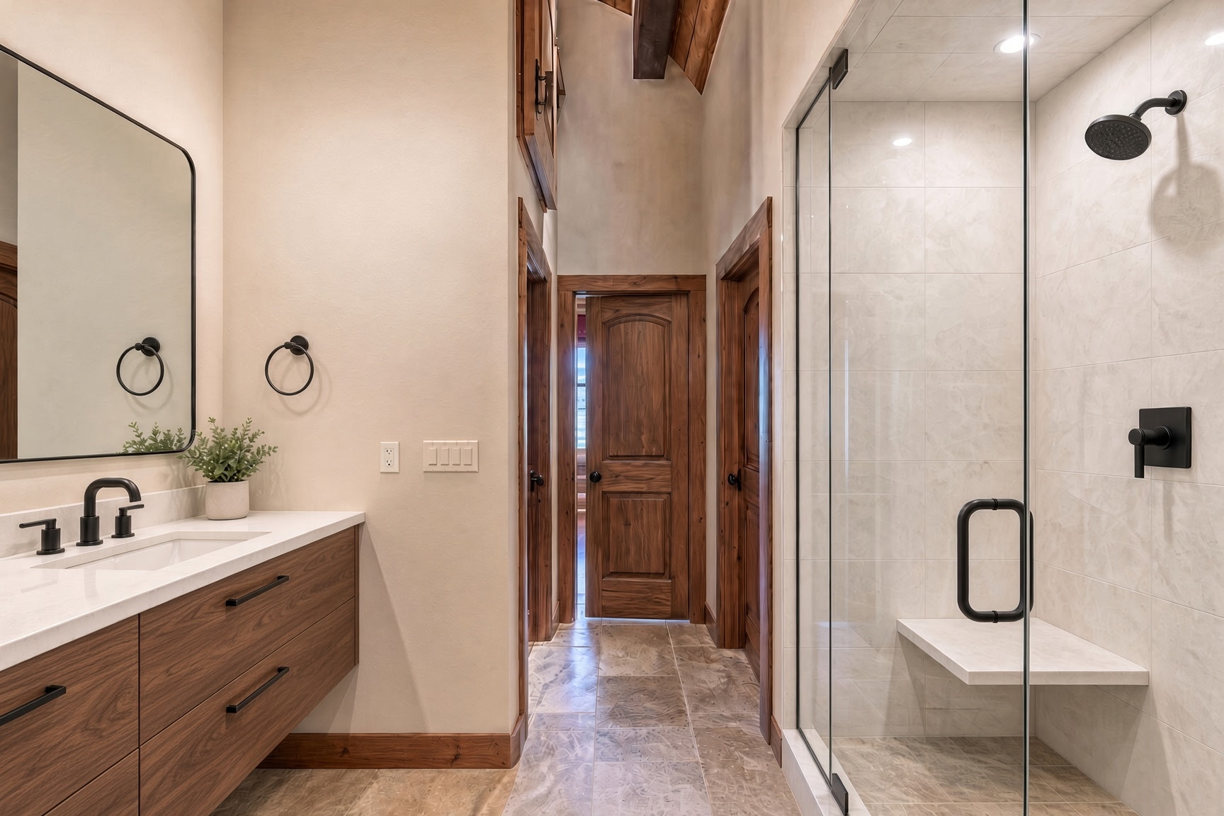 Custom Floating Walnut Vanity & Timber Vaulted Ceiling in Grapevine TX